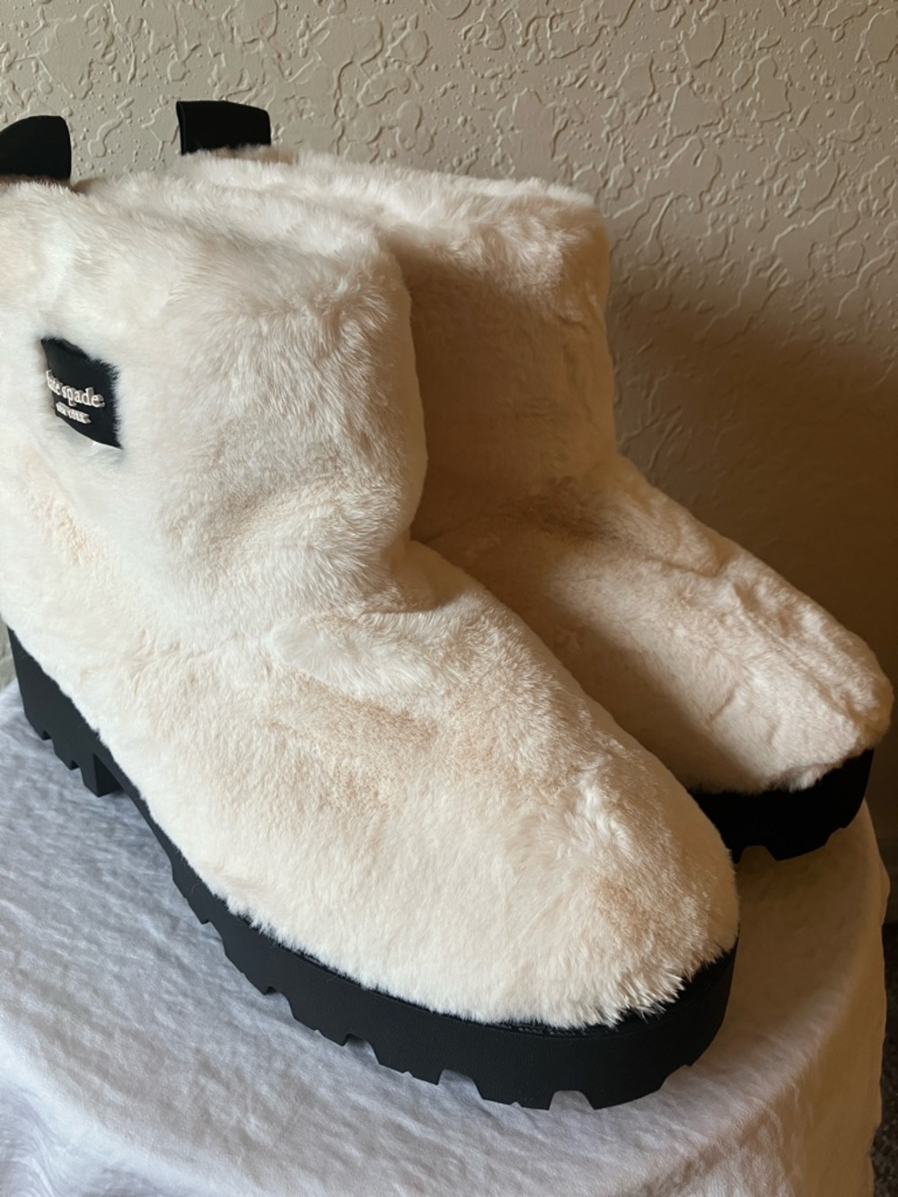 Kate Spade: Cream Puffed Pull On Bootie- Boots- Faux Fur- 8.5